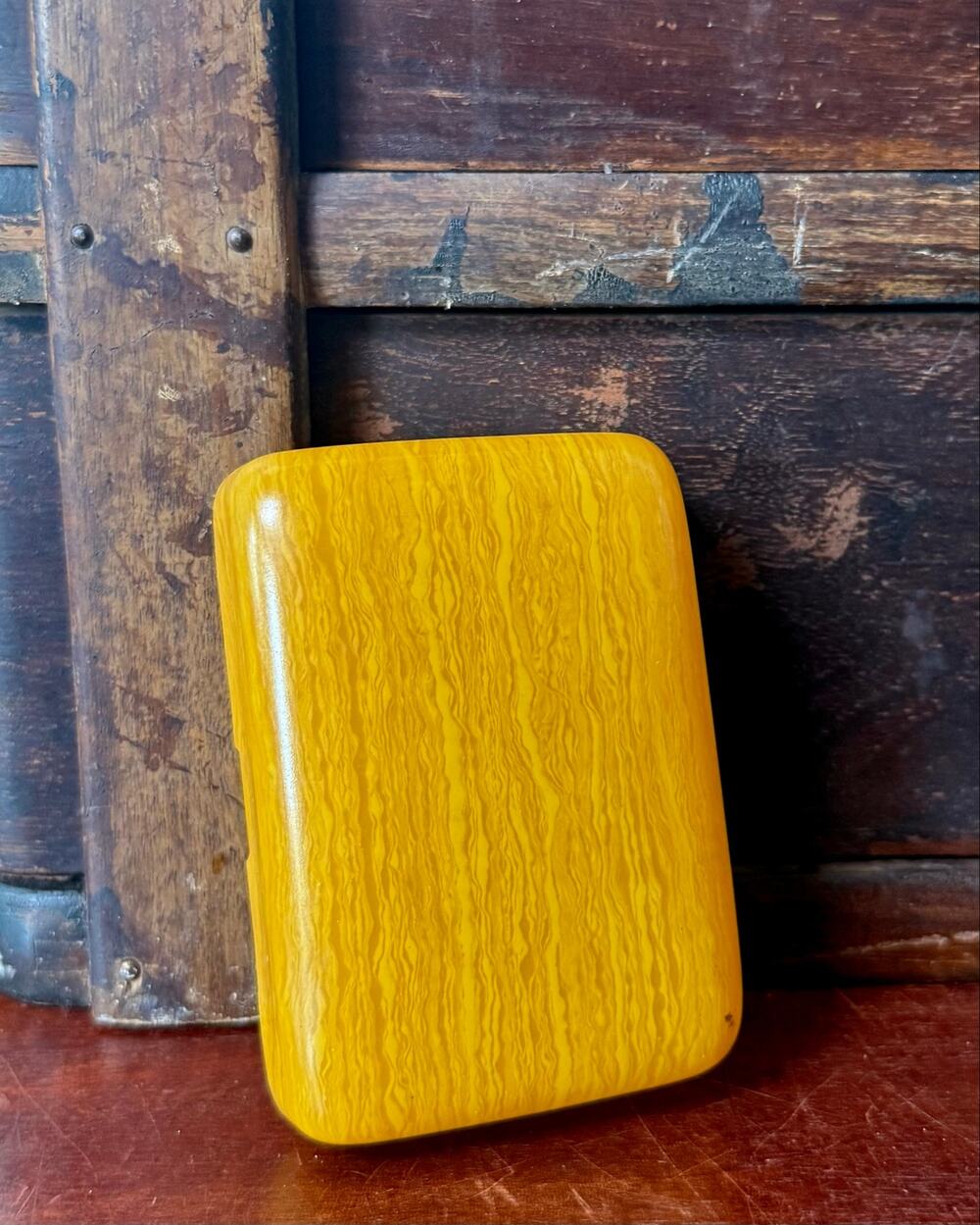 Butterscotch Celluloid Box, Vintage Marbled Yellow Trinket Case, Vanity Dresser